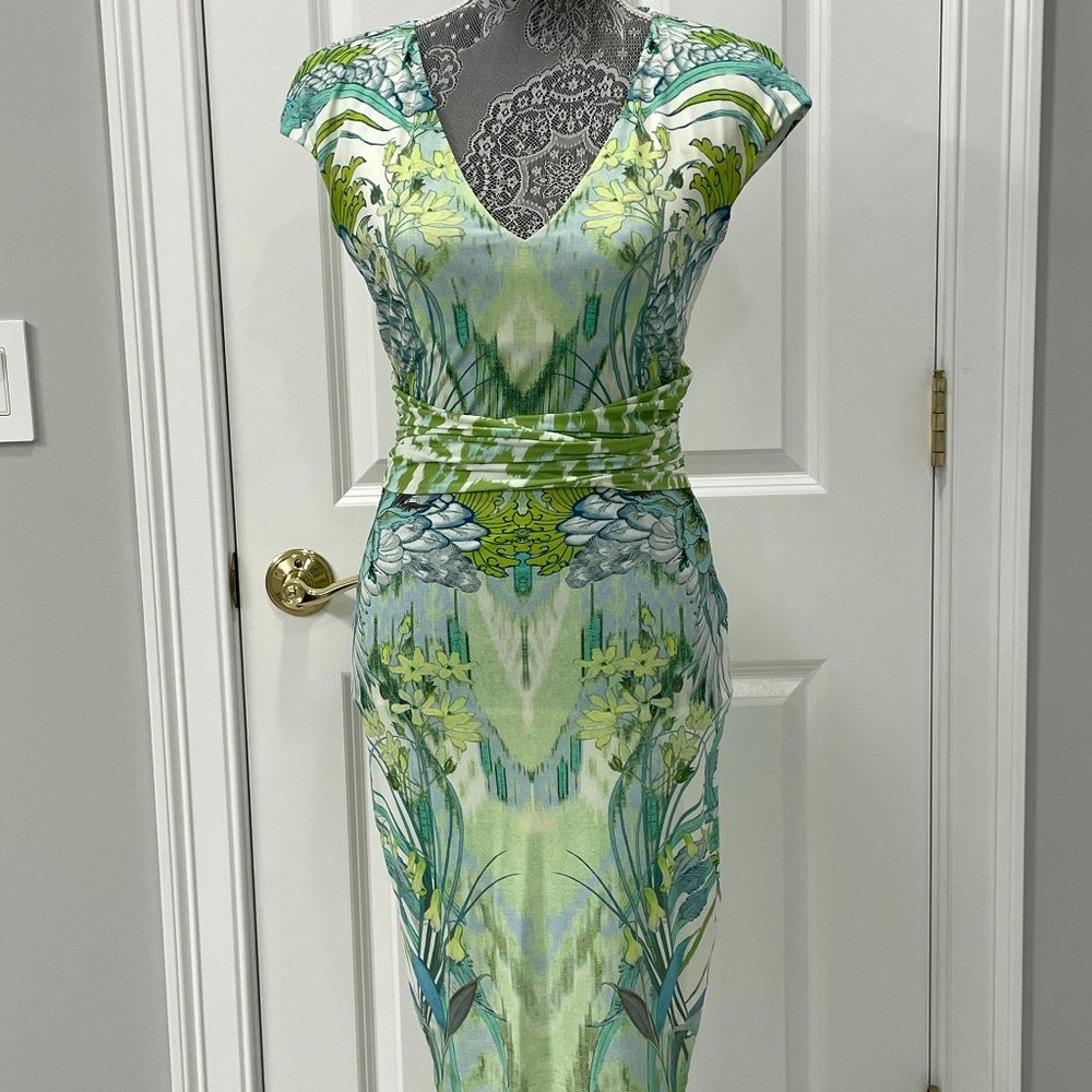 Roberto Cavalli White Green knitted bodycon Dress, Size 40